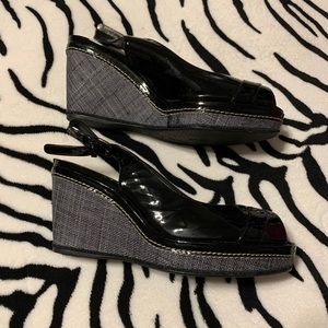 Stuart Weitzman Black Patent fabric wedges